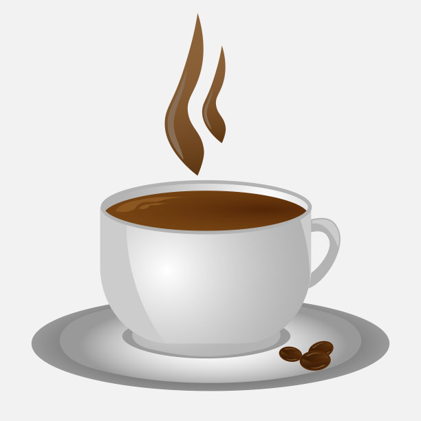 陶瓷盘上有烟和咖啡豆的写实咖啡杯。杯子孤立的白色背景。向量图片下载