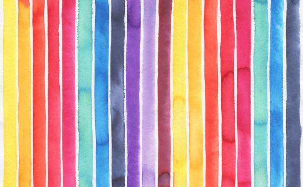 水彩背景与各种颜色的彩色条纹:黄色，橙色，红色，玫瑰色，绿松石色，蓝色，海军蓝，紫罗兰色，淡紫色，淡紫色和bordo阴影。在白色上手绘水彩画。图片下载