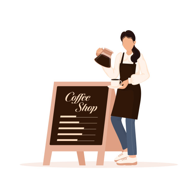 扁平人物咖啡店的咖啡师。矢量插图平面设计。矢量图说明。卡通男咖啡师或服务员站在菜单板附近。图片下载