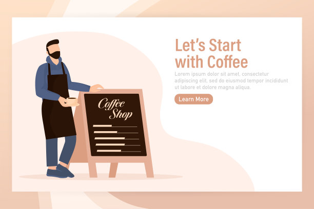 扁平人物咖啡店的咖啡师。矢量插图平面设计。矢量图说明。卡通男咖啡师或服务员站在菜单板附近。图片下载