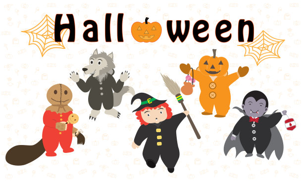 卡通万圣节可爱的白色背景。卡通万圣节儿童睡衣概念。说明,向量图片下载