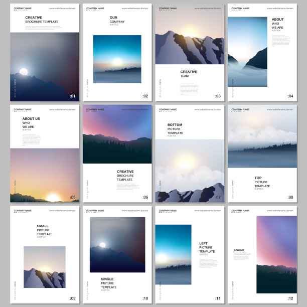A4宣传册布局封面模板传单传单，A4宣传册设计，展示，杂志，书。雾，早晨日出，晚上日落。以山脉为背景的自然景观。图片下载