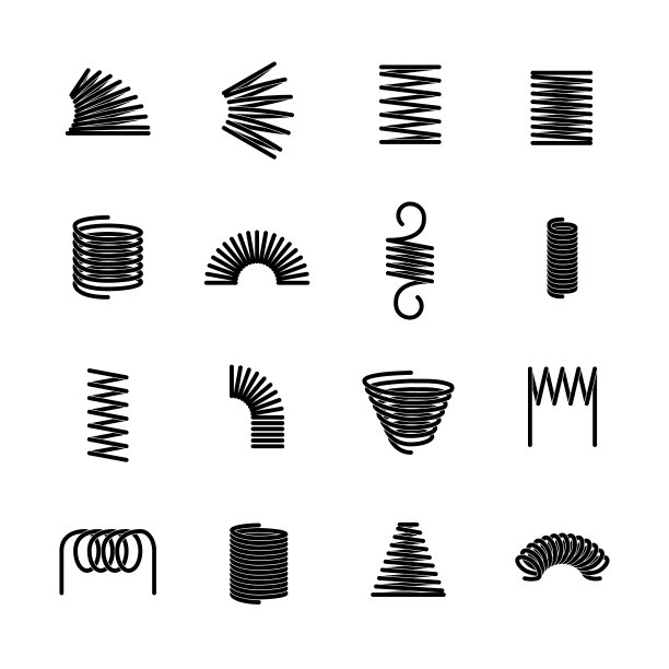 钢弹簧。灵活的铁螺旋。机械设备零件。隔离扭曲压缩电线。最小轮廓的工业或汽车减震器。矢量金属线圈机组图片下载