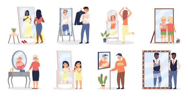 人们看着镜子。男人和女人在反射的表面看到自己。人类出现反射。人物在家里或试衣间选择和试穿衣服，向量集图片下载