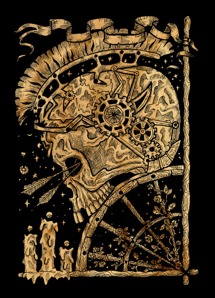 黑色和金色的插图与战士的头骨，箭，燃烧的蜡烛和古老的车轮与鲜花和蜘蛛网。图片下载