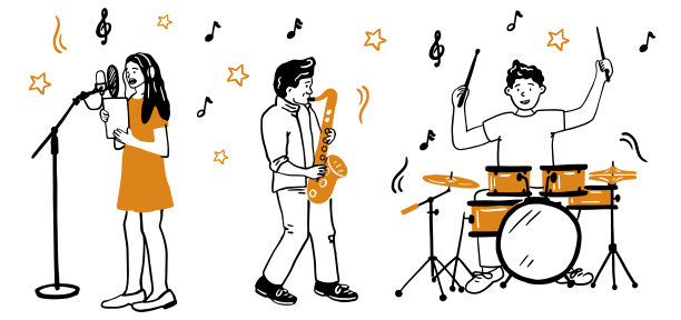 一组音乐家的矢量插图。鼓手，萨克斯管演奏家，歌手，涂鸦风格。手绘。图片下载