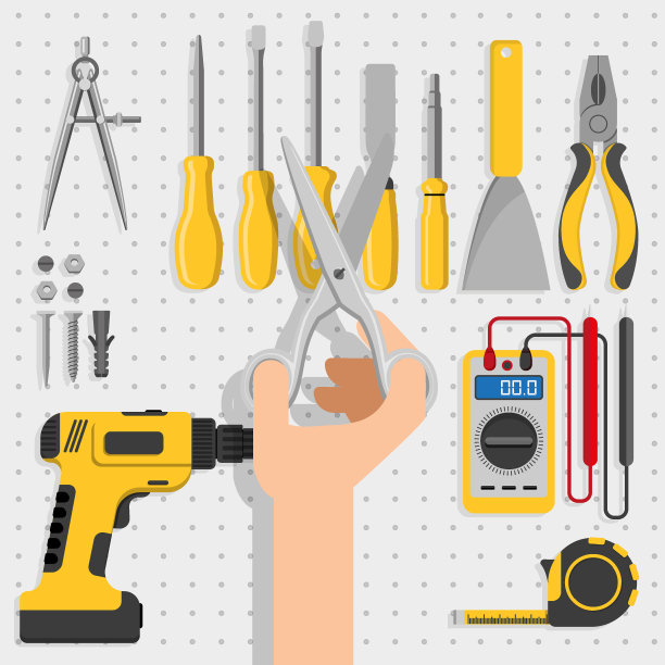 电工工具面板，包括万用表，钳子，圆规，螺丝刀，剪刀，卷尺，螺丝刀，螺丝和刮刀图片下载