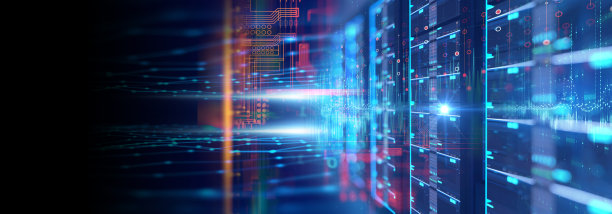 服务器室和服务器机架在数据中心的旗帜。三维演示图片下载