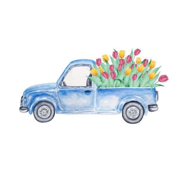 水彩蓝色皮卡复古卡车图片下载