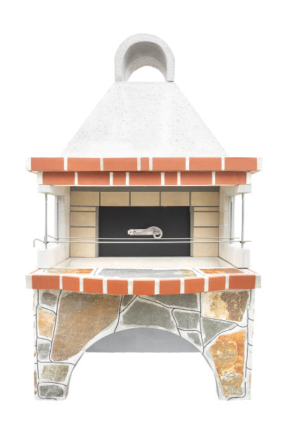 大型烧烤开放式壁炉与内置炉的烹饪食物。户外烧烤烧烤。夏天开放的厨房。后院砖制烧烤架。孤立在白色背景上。图片下载