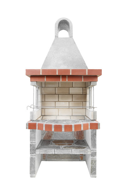 小型烧烤开放式壁炉与烧烤食物的架子。户外烧烤烧烤。夏天开放的厨房。后院砖制烧烤架。孤立在白色背景上。图片下载