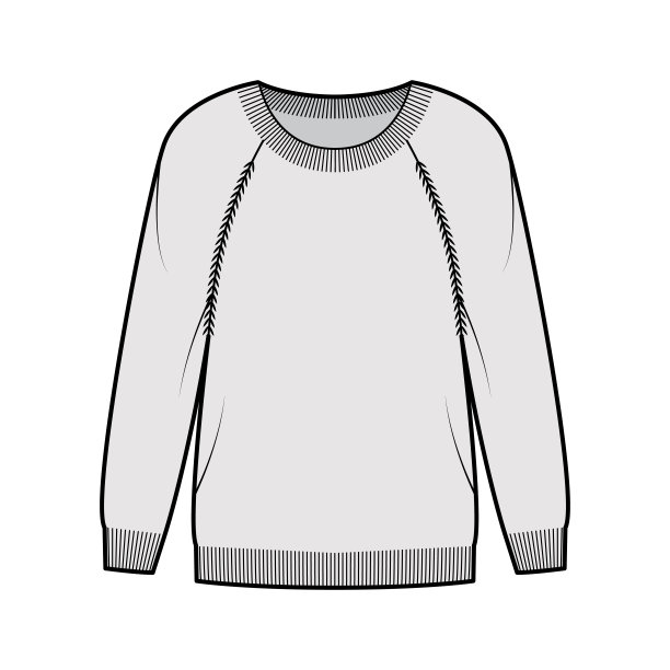 毛衣技术时尚插图，圆领，长插肩袖，一般适合，指尖长度，罗纹装饰图片下载