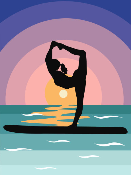 剪影女人sup瑜伽在一个板上图片下载