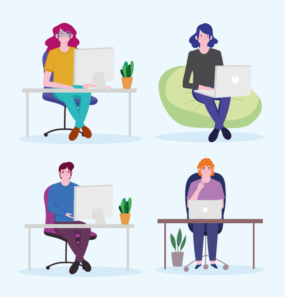 工作人员给男人和女人设置笔记本电脑图片下载