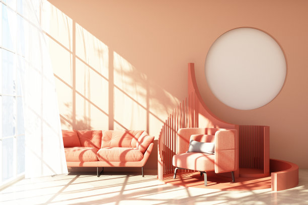 在阳光和透明的平台上，模拟粉色抽象的工作室时尚最小几何形状趋势，粉色扶手椅和沙发。三维渲染图片下载