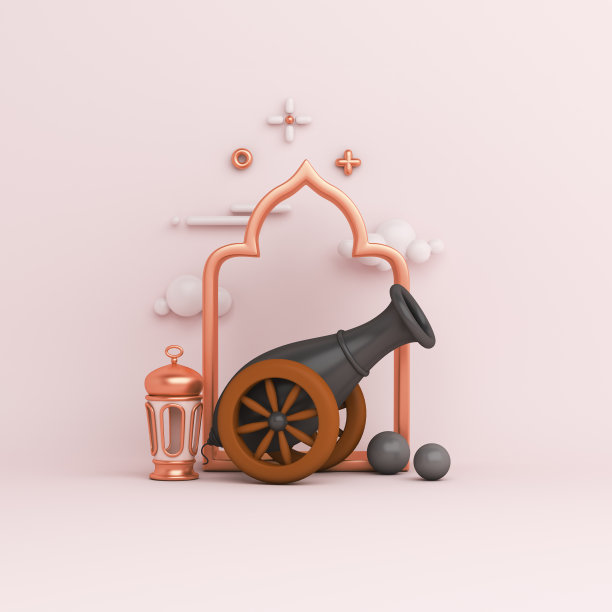 伊斯兰装饰背景与大炮阿拉伯灯笼窗框卡通风格，斋月kareem, mawlid，开斋饭，isra miraj, eid al fitr adha，穆哈兰，复制空间文本，3D插图。图片下载