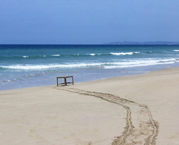海滩上的木桌以蓝色的大海为背景图片下载