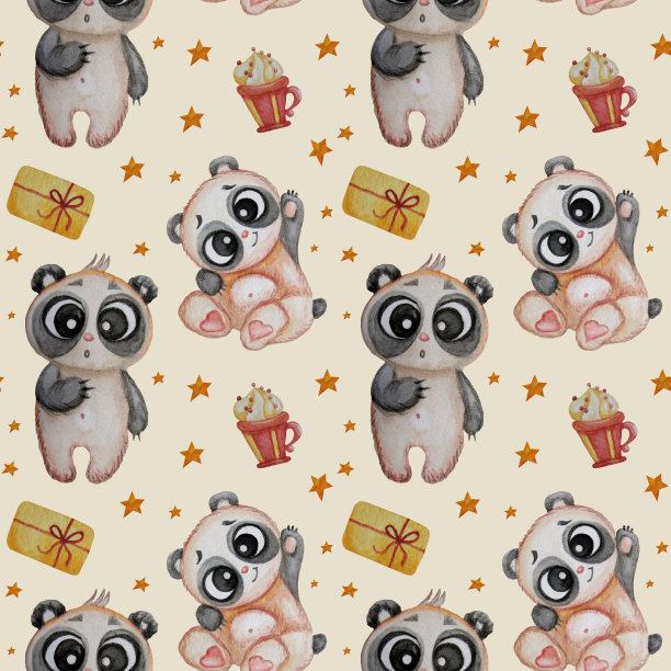 无缝模式。可爱有趣的熊猫熊在浅黄色的背景与星星和糖果。水彩。孩子们的集合图片下载