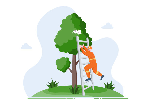 消防员使用消防车和救援设备帮助人们和动物处理房屋火灾，各种情景矢量图图片下载