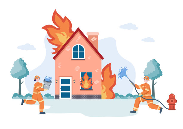 消防员使用消防车和救援设备帮助人们和动物处理房屋火灾，各种情景矢量图图片下载