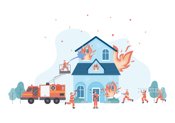 消防员使用消防车和救援设备帮助人们和动物处理房屋火灾，各种情景矢量图图片下载
