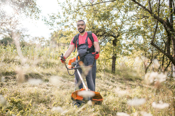 年轻的农民在他的花园里用农具割草图片下载