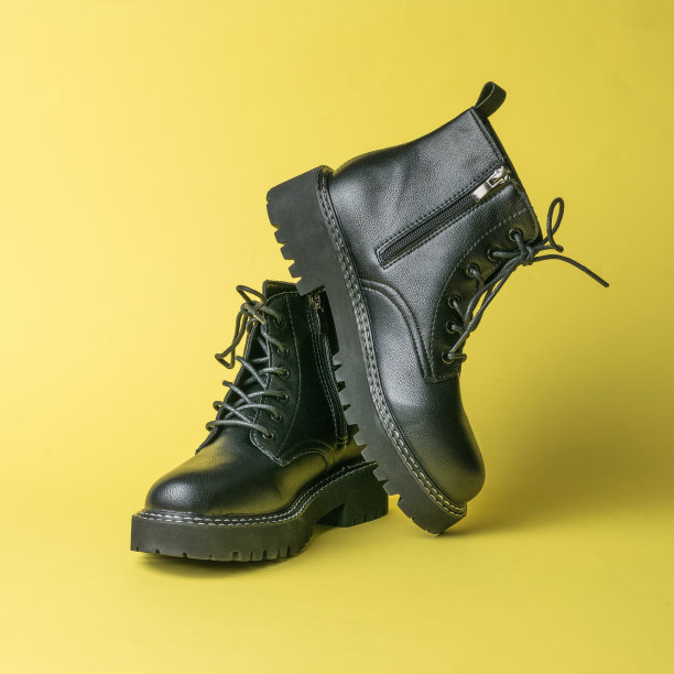 时尚的黑色青年皮靴上的黄色背景。图片下载