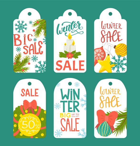 冬季销售标签，圣诞假期标签集，矢量插图。新年和圣诞季设计的卡通购物纸卡。图片下载