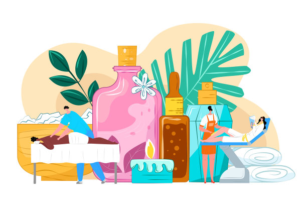 水疗沙龙，女性护理按摩，矢量插画。健康美容治疗，女性角色放松，身体健康治疗。图片下载