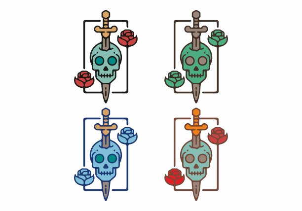 复古插画的头骨和剑与玫瑰设计图片下载
