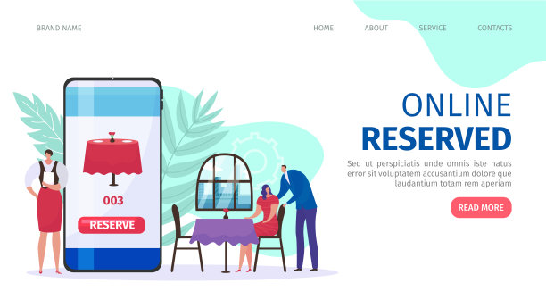 在线订餐服务，平面着陆页，矢量插图。卡通女性顾客角色坐在餐厅，网页。图片下载
