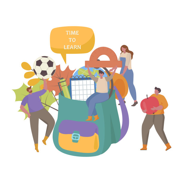 平面设计理念的返校、视频教程、在线学习和在线课堂。矢量插图与大袋子和微型人为网站横幅，营销材料，演示模板，在线广告图片下载