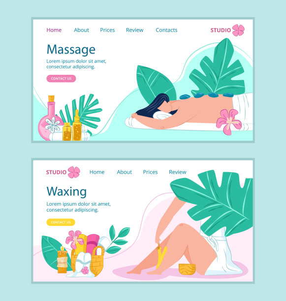水疗按摩，发蜡美容沙龙网页设置，矢量插图。身体保健由卡通皮肤治疗蜡，石头落地旗帜。图片下载