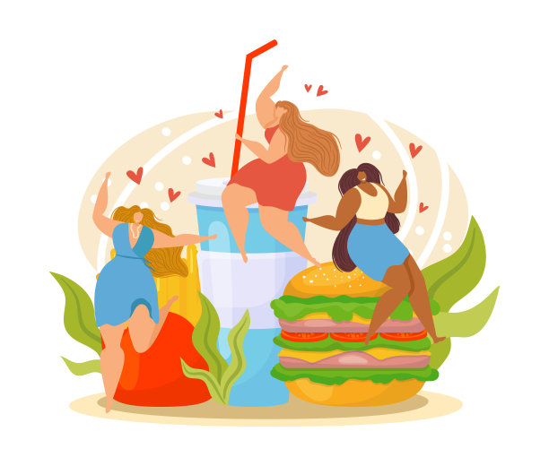 快餐爱，卡通女人用餐点矢量插画。女孩人品吃美味的午餐、点心、晚餐。可爱的女性靠近垃圾产品图片下载