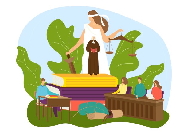 法院以正义观，矢量插图。律师、法官、律师为人工作，犯罪判断用天平设计。图片下载