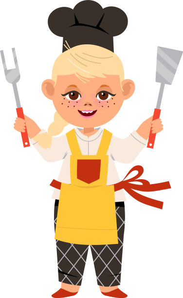 可爱的女厨师戴着帽，围着围裙，拿着金属图片下载