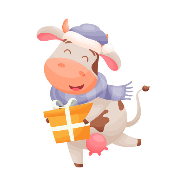 可爱的卡通牛人物抱着黄色的礼物图片下载