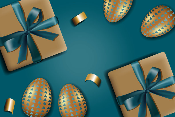 矢量图形。复活节节日背景与文字的地方。逼真的背景与3D对象，复活节装饰:礼品盒缎面蝴蝶结，金色的五彩纸屑和复活节金蛋。从以上观点。图片下载