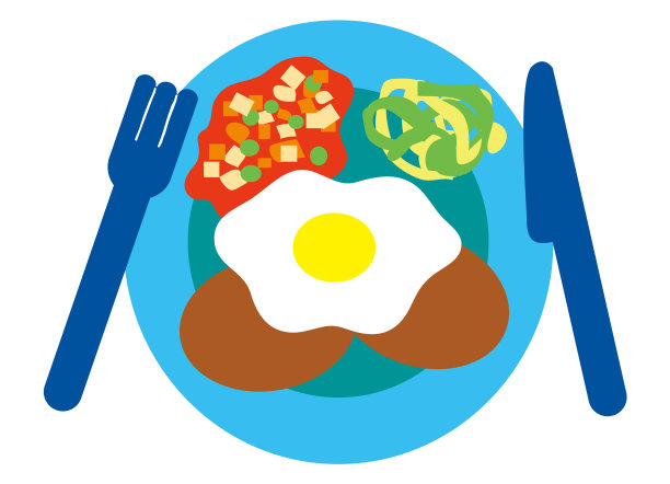 两个汉堡牛排，一个煎蛋，意大利面，浅蓝色盘子里的番茄酱图片下载