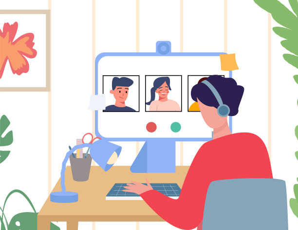 在线视频通话会议：男子与朋友进行视频会议的扁平风格矢量图图片下载