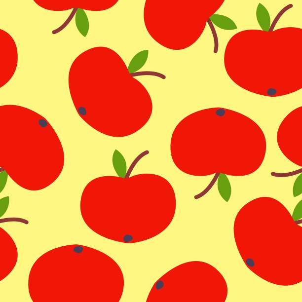 无缝模式。红苹果。绿色的叶子。黄色背景。纯素食者或普通素食者。健康的生活方式。自然与生态。农业和园艺。明信片、墙纸、纺织品、包装纸、印刷品图片下载