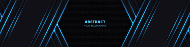 黑色抽象宽水平背景与蓝色霓虹线。图片下载