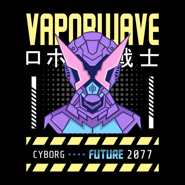 机甲机器人蒸汽波主题与日本字母，完美的商品，帽衫，t恤等图片下载