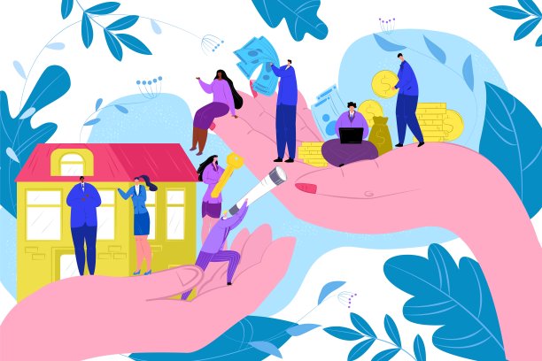 房屋销售，手握豪宅钥匙，房地产地产矢量插画。成功购房、房地产。图片下载