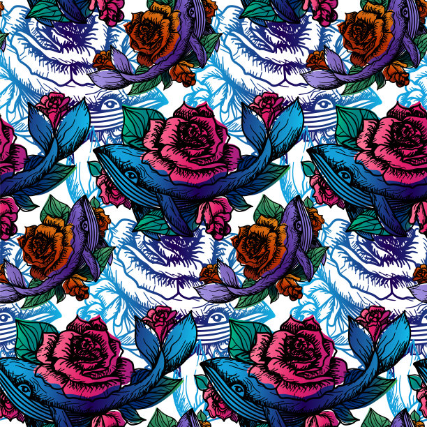 鲸鱼在玫瑰无缝图案墙纸矢量图片下载