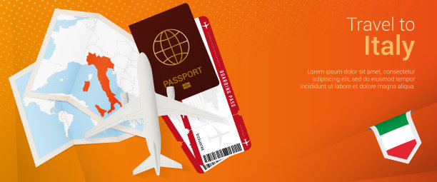 去意大利旅行。带有护照、机票、机票、登机牌、地图和意大利国旗的旅行横幅。图片下载
