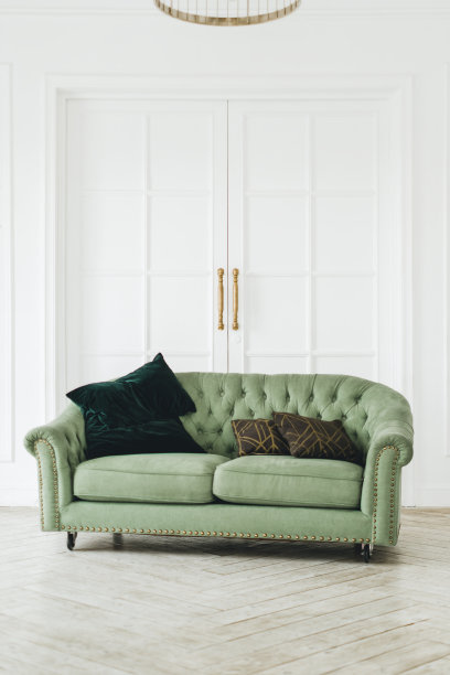 绿色舒适的沙发在明亮的客厅与极简主义的内部。图片下载