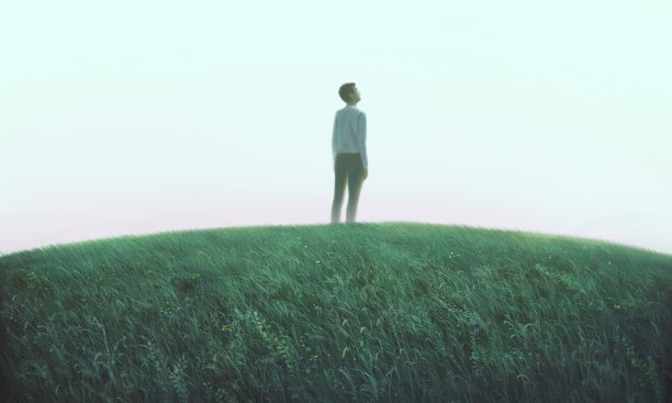 人单独与田地。超现实绘画希望孤独和孤独的概念。自然景观艺术图片下载