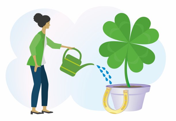 38、浇灌大四叶草，努力创造幸福、安全、好运。矢量插图。图片下载