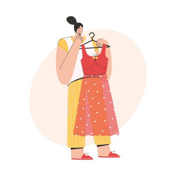 女人一边想着一边把时装挂在衣架上图片下载